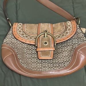 Coach Brown and Tan Shoulder Bag with Signature Monogram